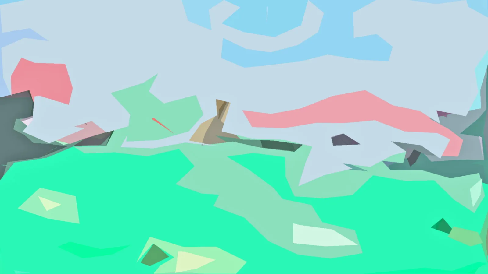 Abstrakte Landschaft aus flächigen, kantigen Formen in Mintgrün, Hellblau, Rosa und Grau, mit einem hellblauen Himmel oben und einer grünen Fläche unten.