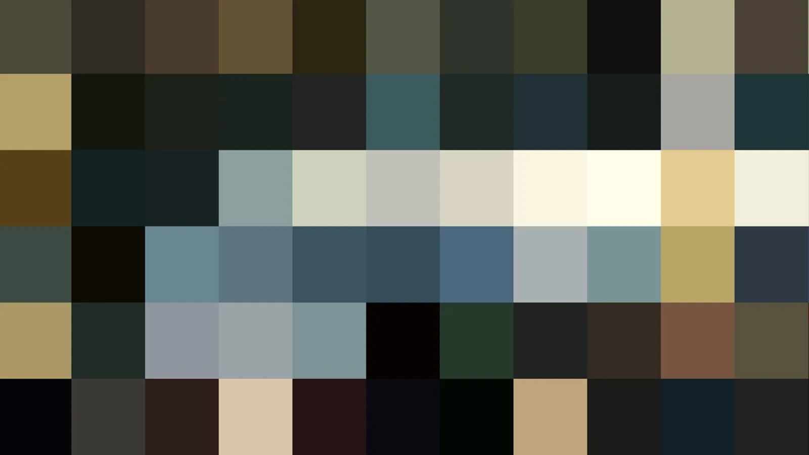 Mosaik aus rechteckigen Farbfeldern in Oliv, Braun, Grau und Schwarz, dazwischen helle Beigetöne und einzelne Blautöne.