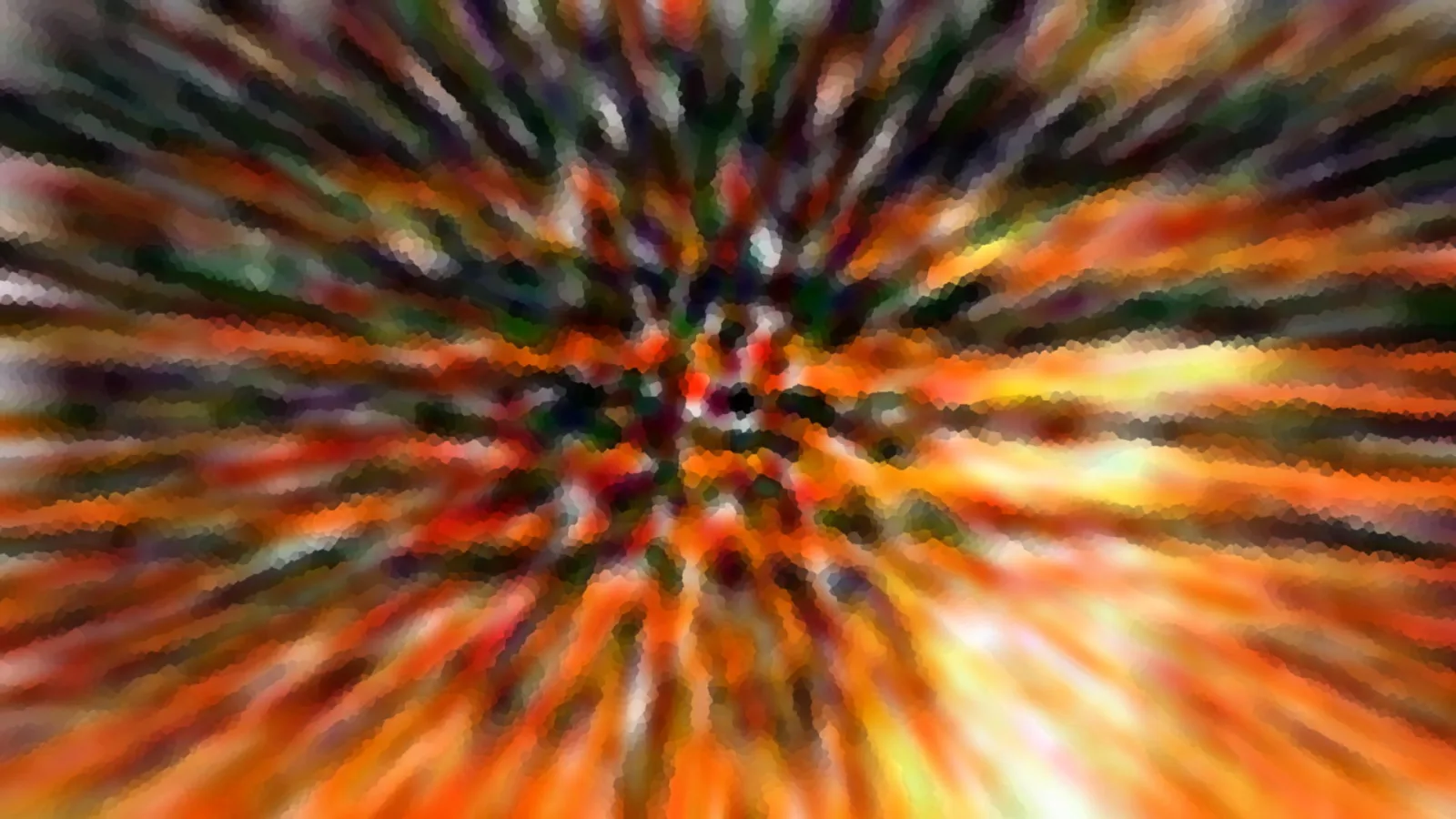 Abstrakte Farbstreifen laufen von einem dunklen Zentrum radial nach außen, in Orange, Gelb, Grün und Violett, mosaikartig verpixelt.
