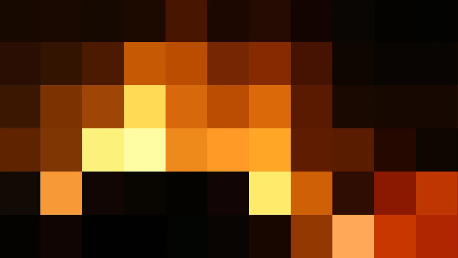 Pixelmosaik aus warmen Orange-, Gelb- und Schwarztönen, in der Mitte ein helles, leuchtendes Feld.