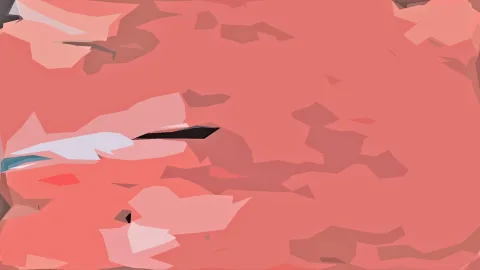 Abstraktes Gemälde mit großflächigem Korallrot, durchzogen von helleren Rosa- und Weißflächen sowie einzelnen schwarzen und türkisen Akzenten.