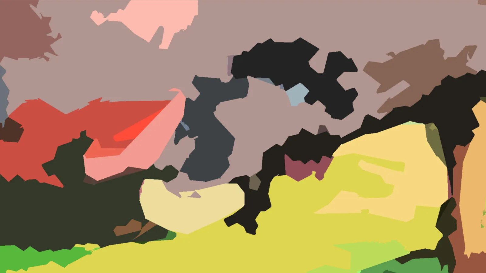 Abstrakte Komposition aus flächigen, unregelmäßig geformten Farbfeldern in Rot, Rosa, Gelb, Grau und Schwarz, die an eine Landschaft mit Bäumen und Himmel erinnern.