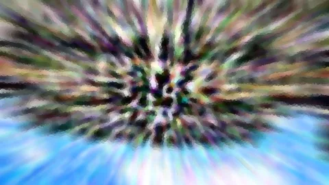 Abstrakte Komposition mit radialem Zoomeffekt, im Zentrum helle Farbflecken in Grün, Lila und Schwarz, nach außen in Blau und Weiß auslaufend, mosaikartige Kantenstruktur.