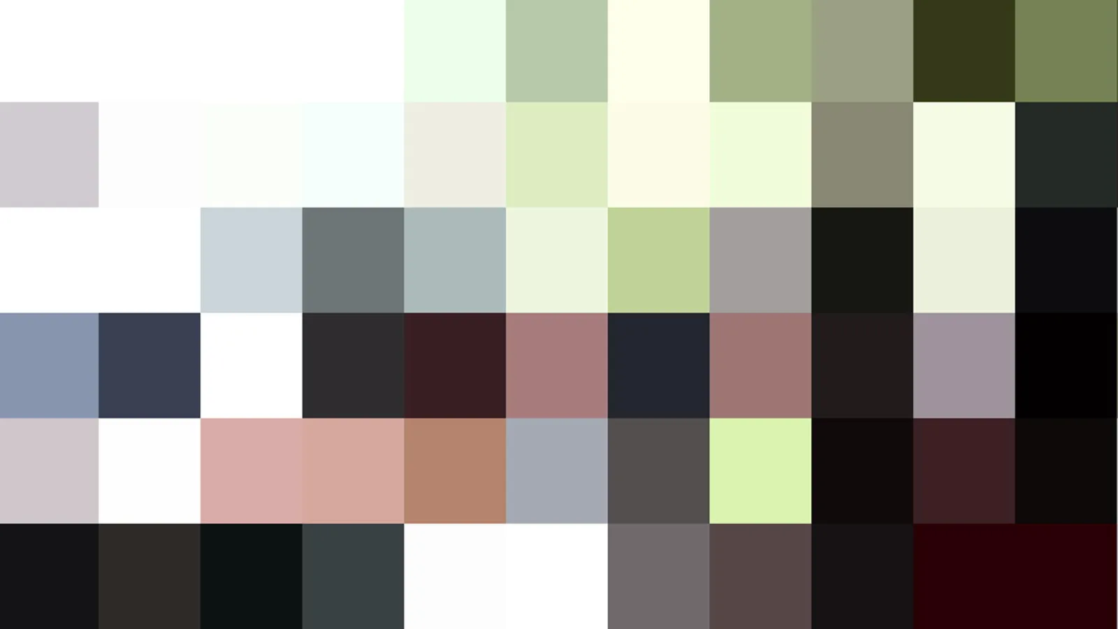 Mosaik aus rechteckigen Farbfeldern in Weiß, Grün, Grau, Schwarz, Rosa und Braun, in zehn Spalten und sechs Reihen angeordnet.