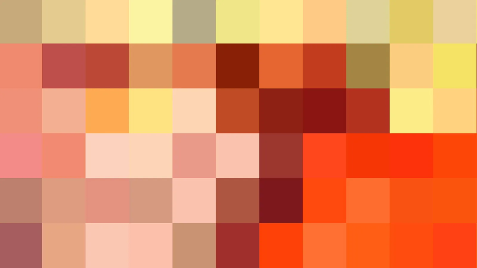 Mosaik aus quadratischen Farbfeldern in Beige, Gelb, Orange, Rot und Rosa, ohne erkennbares gegenständliches Motiv.