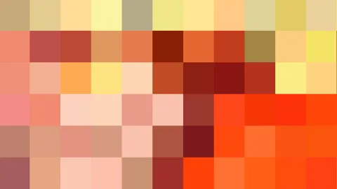 Mosaik aus quadratischen Farbfeldern in Beige, Gelb, Orange, Rot und Rosa, ohne erkennbares gegenständliches Motiv.