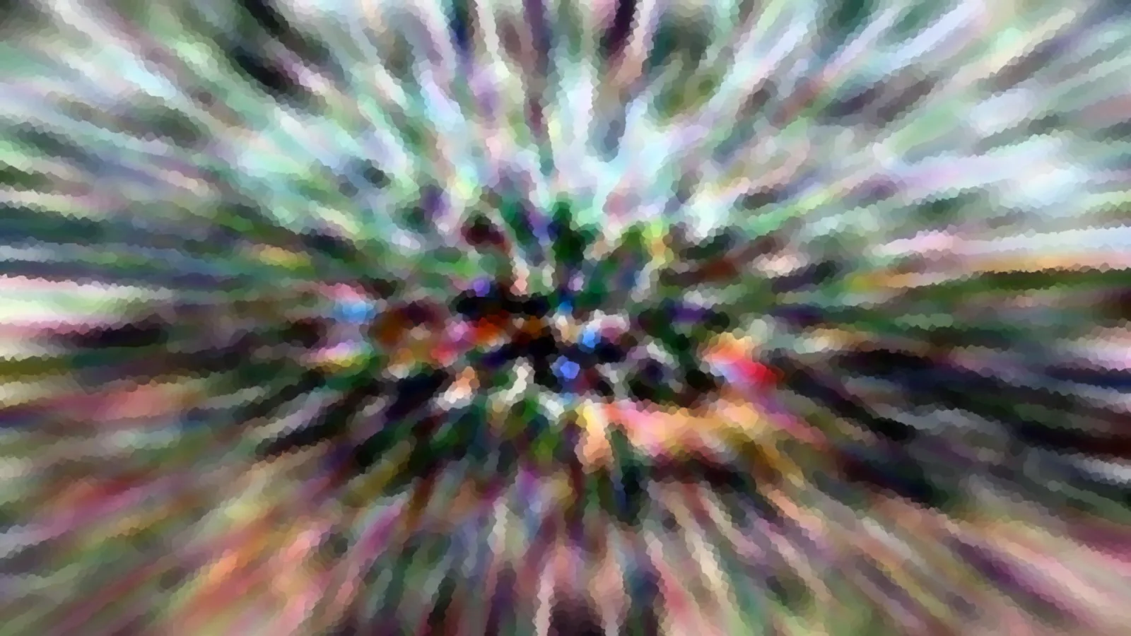 Abstrakte Komposition aus bunten Streifen, die von einem dunklen Zentrum nach außen strahlen, mit mosaikartig verpixelten Kanten.
