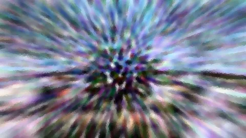 Abstrakte Komposition aus strahlenförmig von einem Zentrum ausgehenden Streifen in Violett, Blau und Grün, mosaikartig verpixelt.