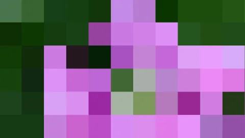 Mosaik aus rechteckigen Pixelblöcken in Grün-, Lila- und Violetttönen, dunkle Grüntöne links und oben, helle Violetttöne rechts unten.