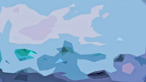 Abstrakte Komposition aus hellblauen, türkisfarbenen und lila Polygonflächen auf hellblauem Grund