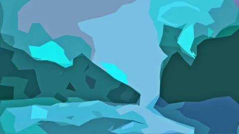 Abstrakte Komposition aus türkisen, hellblauen und dunkelblauen Polygonflächen mit leuchtenden Akzenten.
