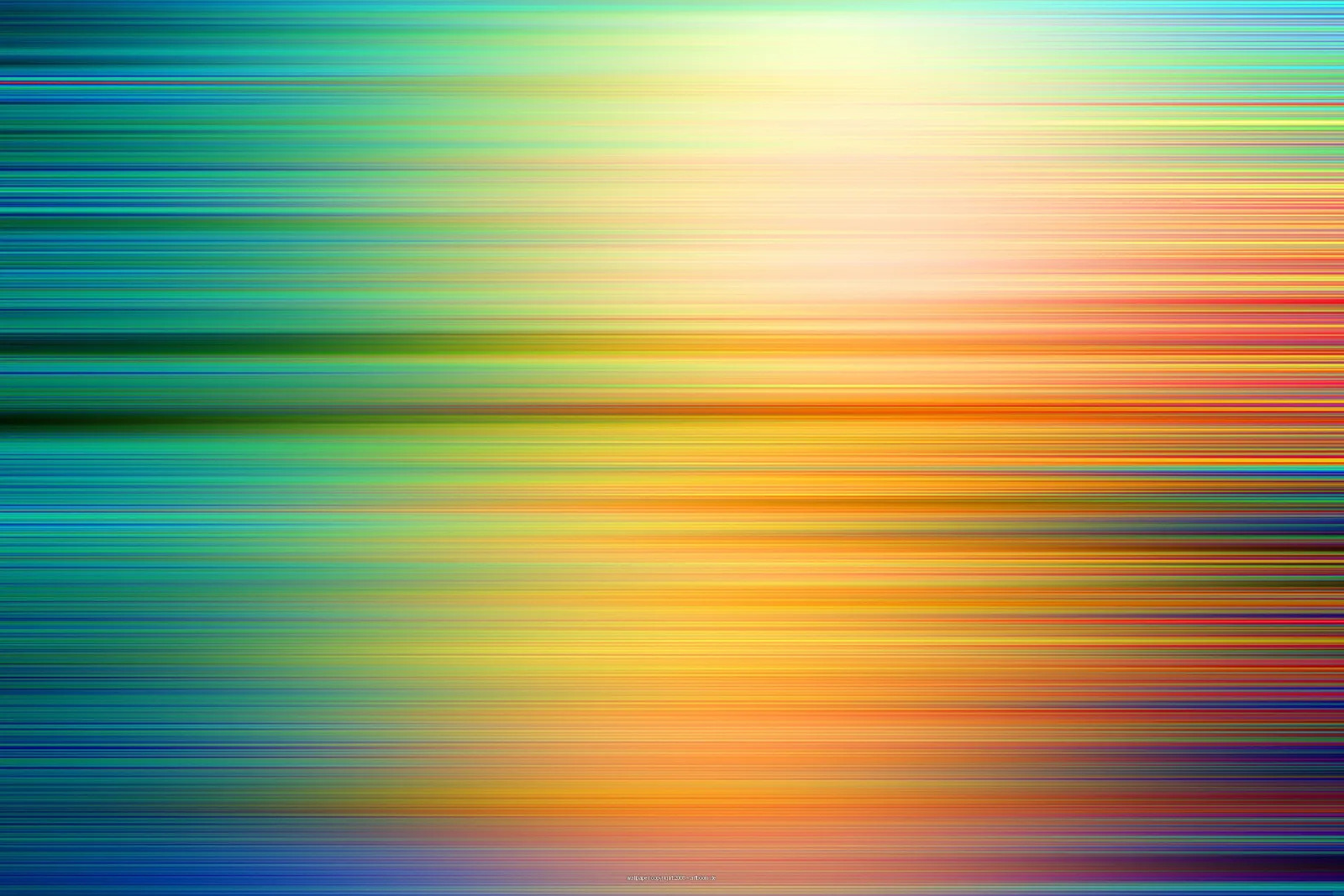 Abstrakte Komposition aus horizontalen, verwischten Farbstreifen in Grün, Blau, Gelb, Orange und Rot, oben heller mit einem sonnigen Lichtfleck.