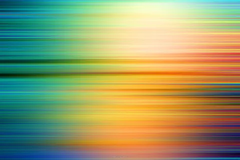 Abstrakte Komposition aus horizontalen, verwischten Farbstreifen in Grün, Blau, Gelb, Orange und Rot, oben heller mit einem sonnigen Lichtfleck.