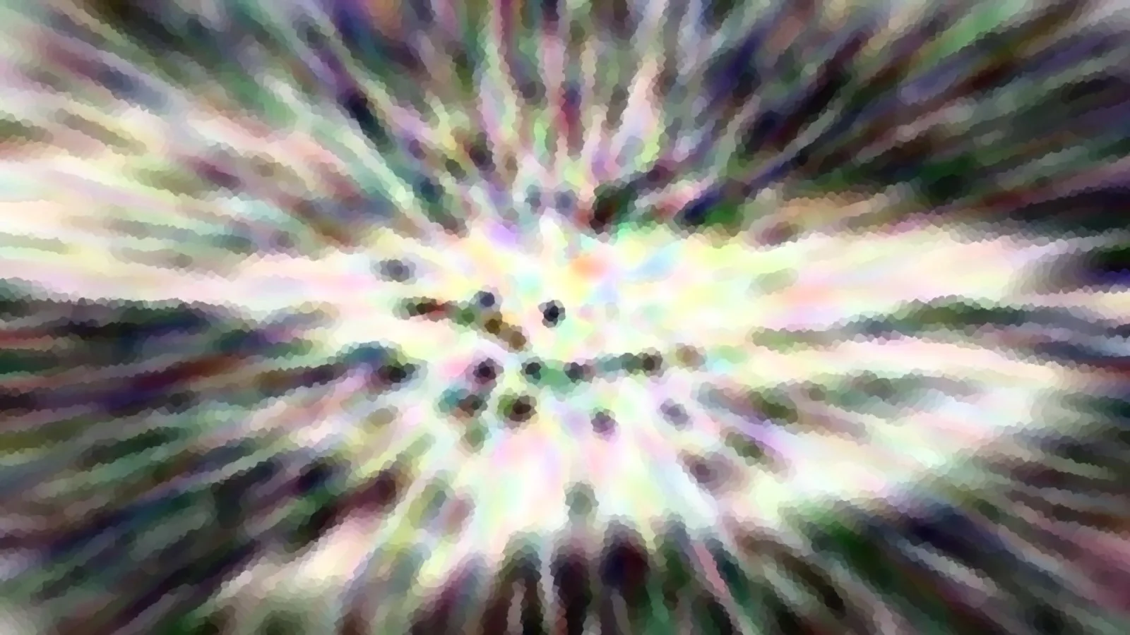 Abstraktes Bild mit radial auseinanderlaufenden bunten Streifen in Pastelltönen und dunklen Punkten im Zentrum.
