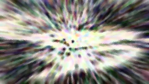 Abstraktes Bild mit radial auseinanderlaufenden bunten Streifen in Pastelltönen und dunklen Punkten im Zentrum.