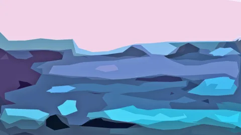 Abstrakte Landschaft aus kantigen Flächen in Blau-, Violett- und Türkistönen unter einem rosafarbenen Himmel.