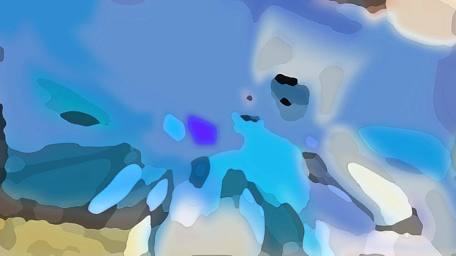 Abstraktes Bild mit großen, weichen Farbflächen in Blau, Türkis und Weiß, darunter gelbe und braune Partien am unteren Rand.