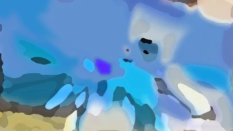 Abstraktes Bild mit großen, weichen Farbflächen in Blau, Türkis und Weiß, darunter gelbe und braune Partien am unteren Rand.