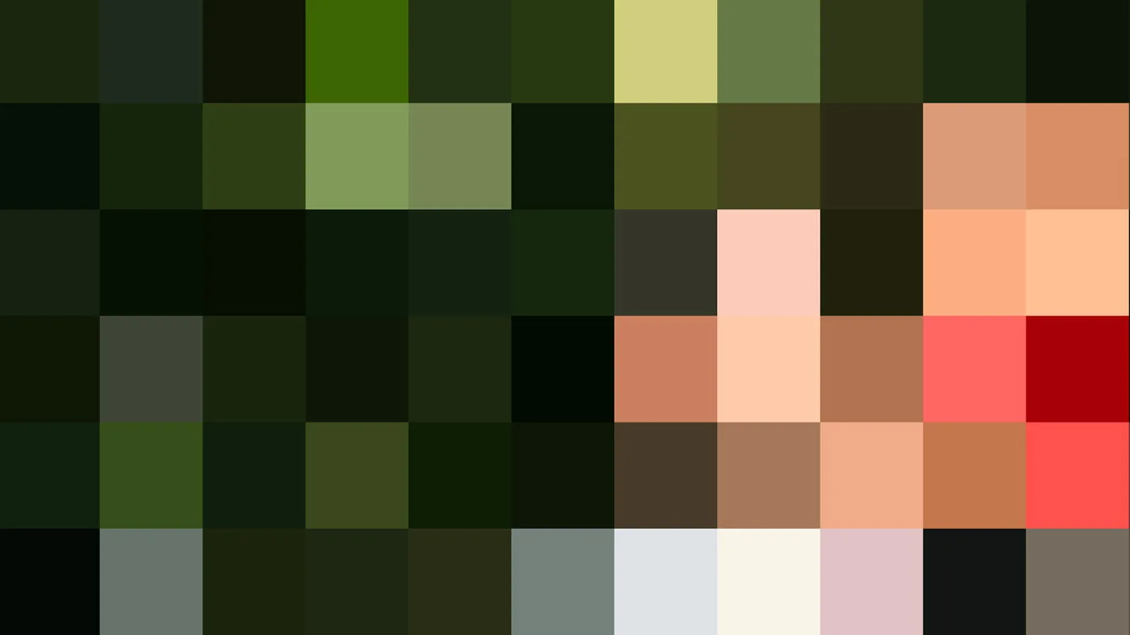 Pixelige Mosaikfläche aus dunklen Grüntönen, hellem Gelbgrün, Pastellrosa bis Rot und vereinzelten Grau- und Weißfeldern.