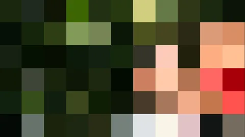 Pixelige Mosaikfläche aus dunklen Grüntönen, hellem Gelbgrün, Pastellrosa bis Rot und vereinzelten Grau- und Weißfeldern.
