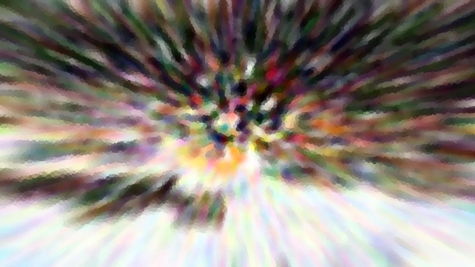 Abstrakte Komposition aus bunten, radial von einem hellen Zentrum nach außen verlaufenden Streifen in Grün, Violett, Rot und Weiß, leicht pixelig verwischt.