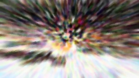 Abstrakte Komposition aus bunten, radial von einem hellen Zentrum nach außen verlaufenden Streifen in Grün, Violett, Rot und Weiß, leicht pixelig verwischt.