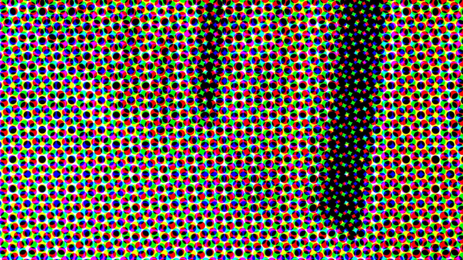 Dichtes Raster aus bunten Punkten in Rot, Grün, Blau, Gelb und Magenta, durch ein diagonales schwarzes Band von oben nach unten unterbrochen.