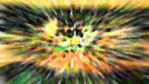 Abstraktes Bild mit radial von der Mitte nach außen laufenden Farbstrahlen in Gelb, Grün, Orange und Dunkelblau, dazwischen mosaikartige Pixelstrukturen.