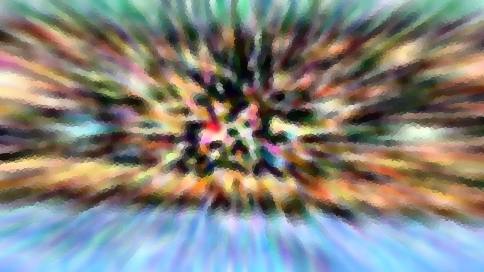 Abstraktes Bild mit radialem Farbzoom: bunte Streifen laufen von einem dunklen Zentrum mit rotem Fleck nach außen, unten dominiert blaues Schlieren-Muster.
