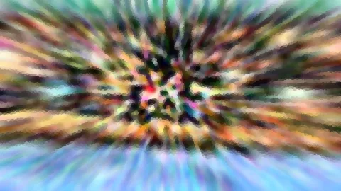 Abstraktes Bild mit radialem Farbzoom: bunte Streifen laufen von einem dunklen Zentrum mit rotem Fleck nach außen, unten dominiert blaues Schlieren-Muster.