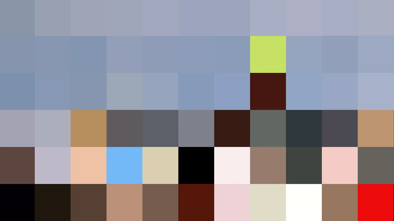 Pixelmosaik aus farbigen Quadraten in Blau-, Grau- und Brauntönen, oben ein gelbgrüner und ein dunkelroter Block, unten Hauttöne und dunkle Flächen.