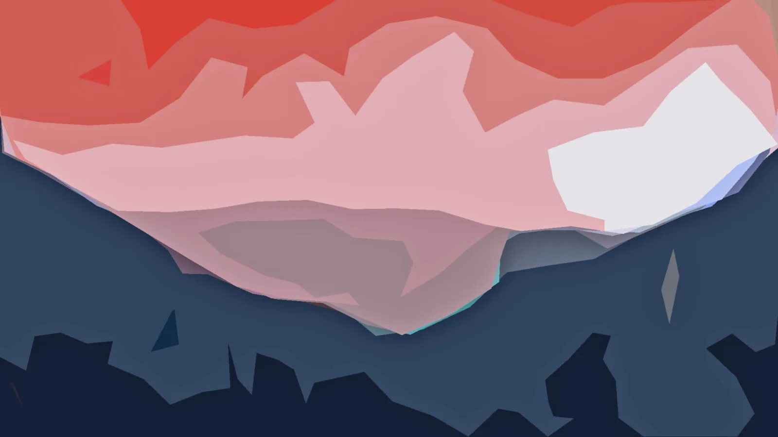 Abstrakte Landschaft aus facettierten Flächen in Rot, Rosa und Weiß, darunter dunkelblaue Hügel und dunkle Silhouetten am unteren Rand.