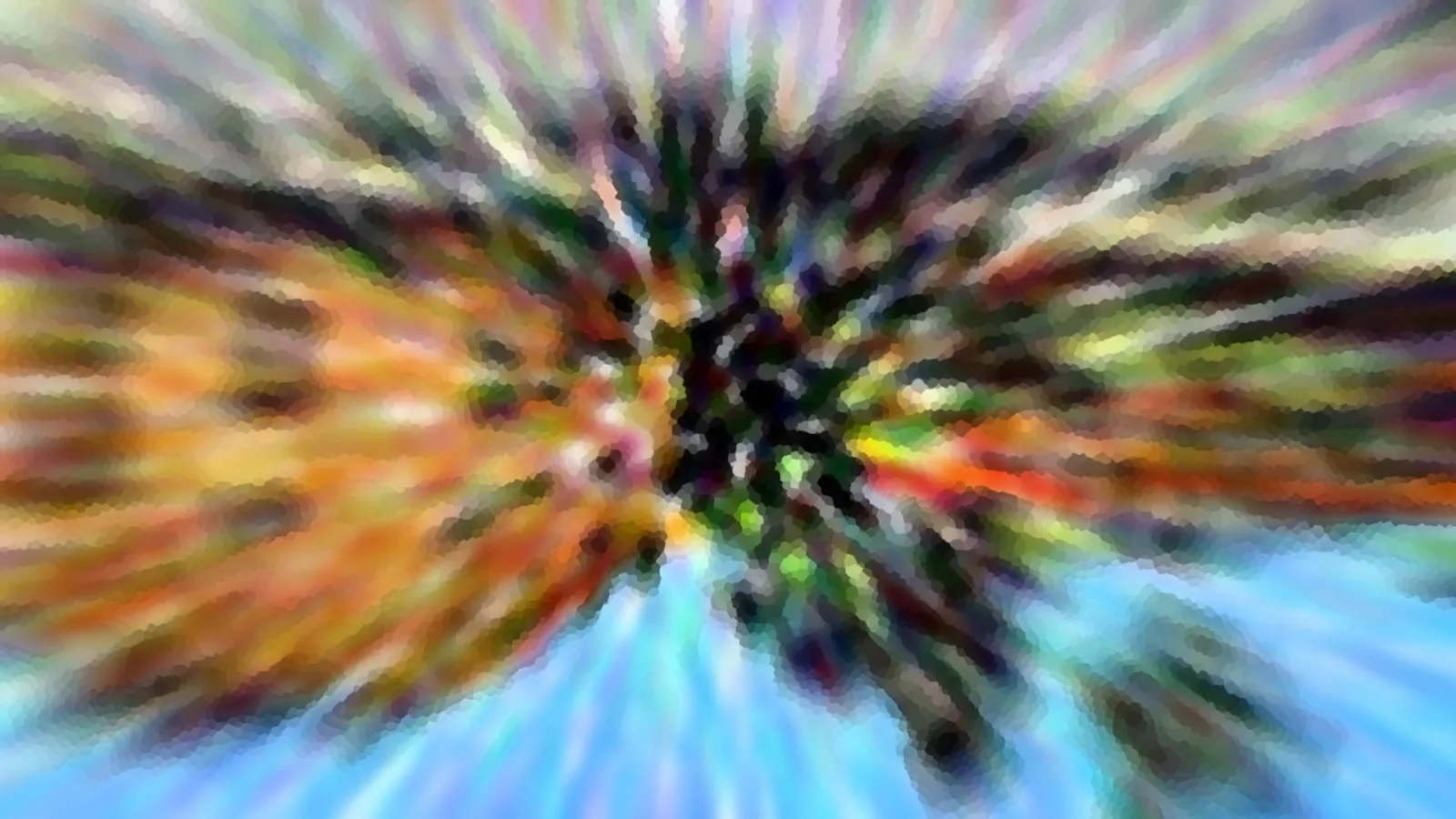 Abstrakte Komposition aus bunten Streifen, die von einem dunklen Zentrum radial nach außen laufen, Orange links, Blau unten.