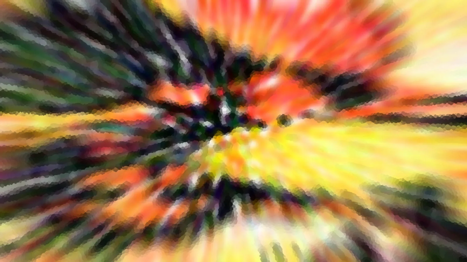 Abstrakte Komposition aus radial verlaufenden, verwischten Streifen in Rot, Orange, Gelb und Grün, die in einem dunklen Zentrum zusammenlaufen.
