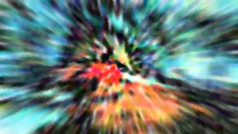 Abstrakte Komposition mit radial verwischten Streifen in Türkis, Grün und Schwarz, im Zentrum rote und orangefarbene Farbflächen.