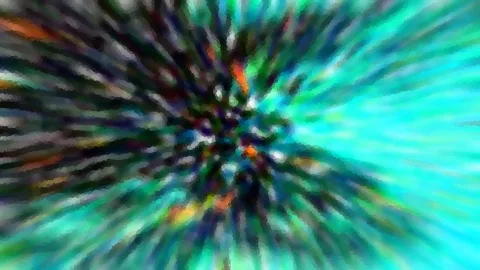 Abstrakte radiale Unschärfe mit dunklem Zentrum, bunten Schlieren und nach rechts hell türkisfarben auslaufender Fläche.
