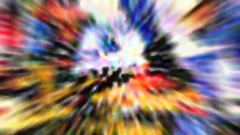 Abstraktes Bild mit radial von der Mitte nach außen laufenden Farbstrahlen in Rot, Blau, Gelb und Weiß, die Bildmitte ist hell und dunkle Schlieren