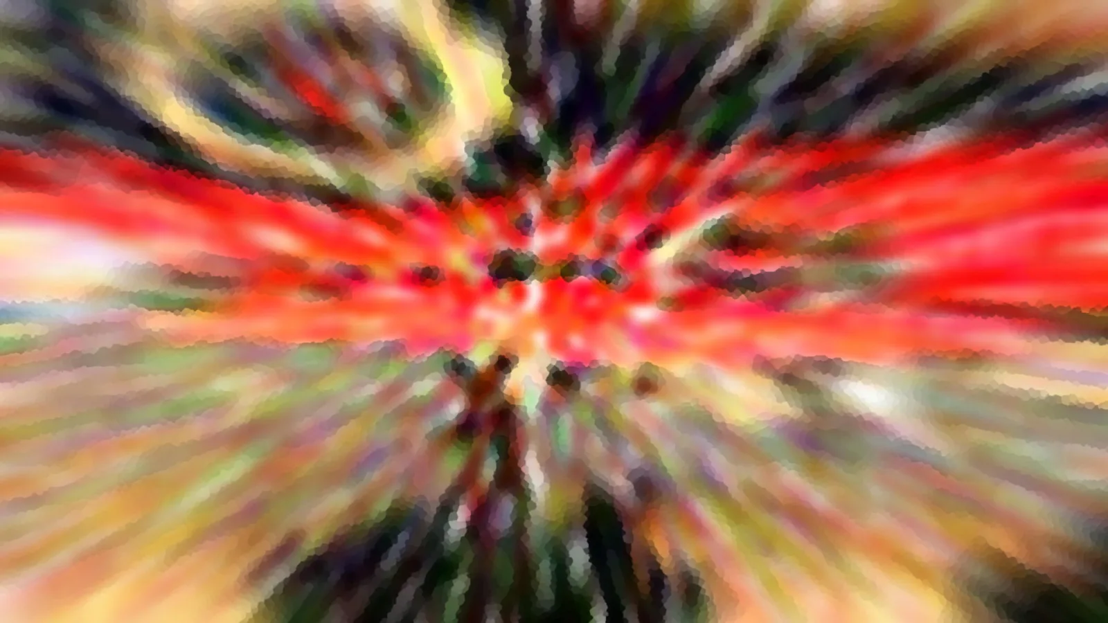 Abstraktes Bild mit radialem Zoom-Effekt: rote Streifen laufen von einem dunklen Zentrum aus, umgeben von gelben, grünen und dunklen Farbschlieren in mosaikartiger Körnung.