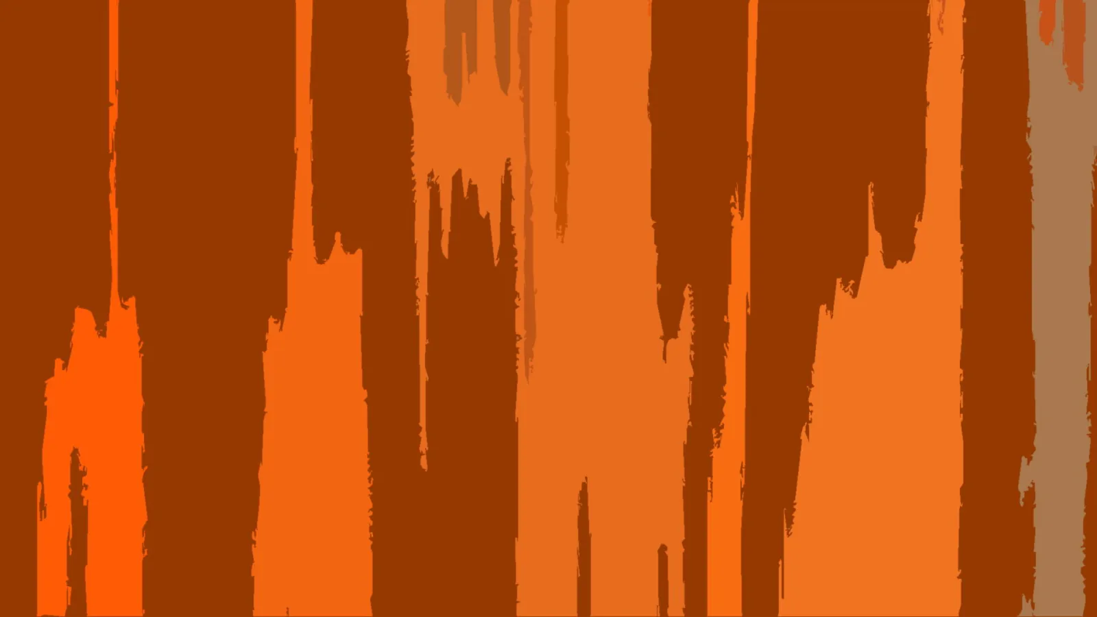 Abstrakte Komposition aus senkrechten orangefarbenen und braunen Pinselstrichen mit ausgefransten, tropfenden Rändern.