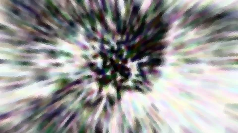 Abstraktes Bild mit farbigen Streifen, die von einer dunklen Mitte radial nach außen laufen, mosaikartig gepixelt