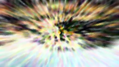 Abstrakte radiale Unschärfe in Regenbogenfarben, die von einem dunklen Zentrum nach außen strahlt, mosaikartig gepixelt.
