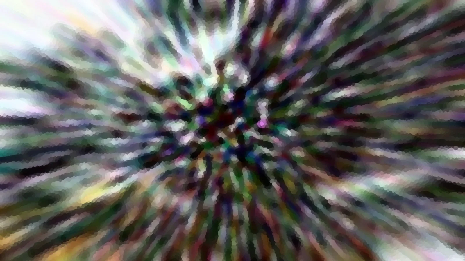 Abstraktes Bild mit radialer Bewegungsunschärfe. Von einem dunklen Zentrum in der Mitte strahlen bunte Streifen in Grün, Violett, Weiß und Gelb nach außen.