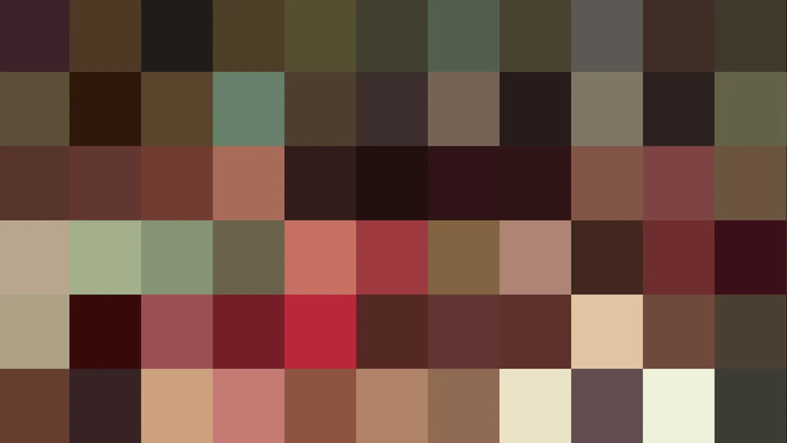 Abstraktes Mosaik aus rechteckigen Farbfeldern in Braun, Olivgrün, Rot, Rosa und Beige, angeordnet in sechs Reihen.