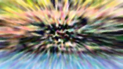Abstrakte Komposition mit radial von der Mitte nach außen verlaufenden Streifen in Gelb, Rosa, Grün, Blau und Violett, die zur Mitte hin dunkler und körniger werden.