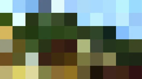 Quadratisches Pixelmosaik in Blau, Grün, Olivbraun und Gelb, oben helle Himmelstöne, unten warme Erdfarben.