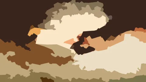Abstrakte Komposition aus braunen, beigen und cremefarbenen Flächen mit scharfen, polygonalen Kanten.