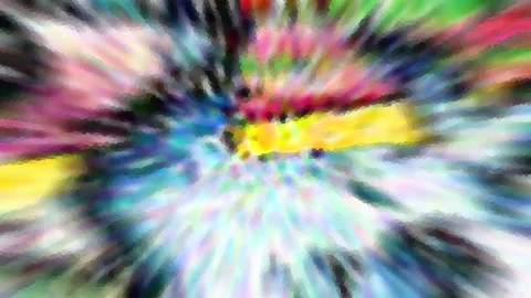 Abstrakte Komposition aus bunten Farbschlieren, die von einem zentralen Punkt radial nach außen strahlen, mit Gelb, Pink, Grün und Blau.