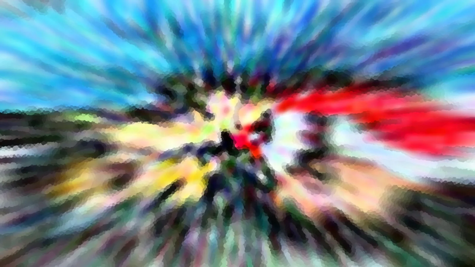 Abstrakte Komposition aus radial verlaufenden Farbschlieren in Blau, Rot, Gelb und Grün, die von einem dunklen Zentrum ausgehen.