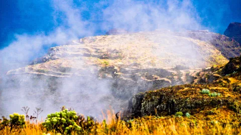 Felsiger Berghang, aus dem Nebel aufsteigt, mit trockenen gelbbraunen Gräsern und grünen Büschen im Vordergrund vor blauem Himmel.