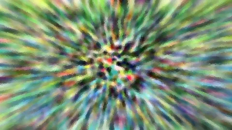 Abstrakte Komposition aus bunten Farbstreifen, die von einer dunklen Mitte radial nach außen strahlen, grob gepixelt.